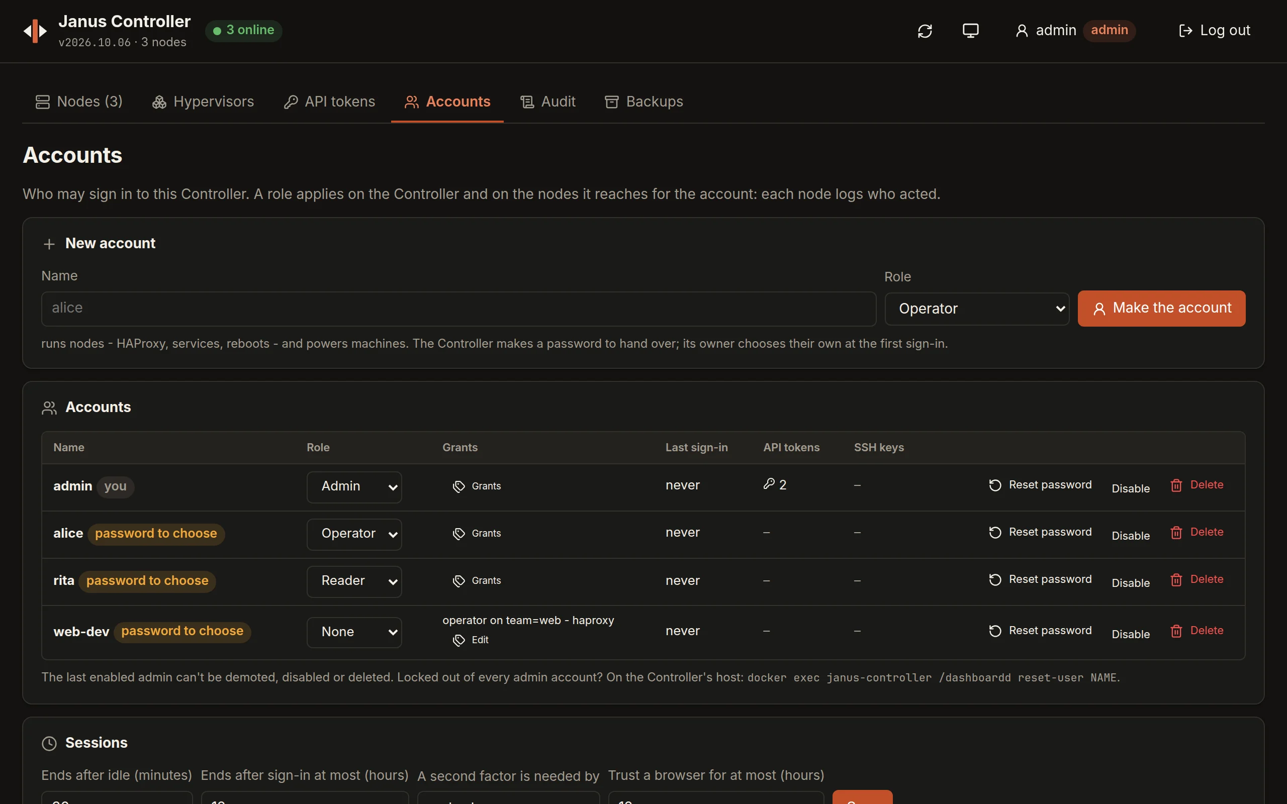 The Accounts tab: a new account's name and role, then each account's role, grants - web-dev is an operator on the nodes labelled team=web, for HAProxy only - last sign-in, tokens and SSH keys