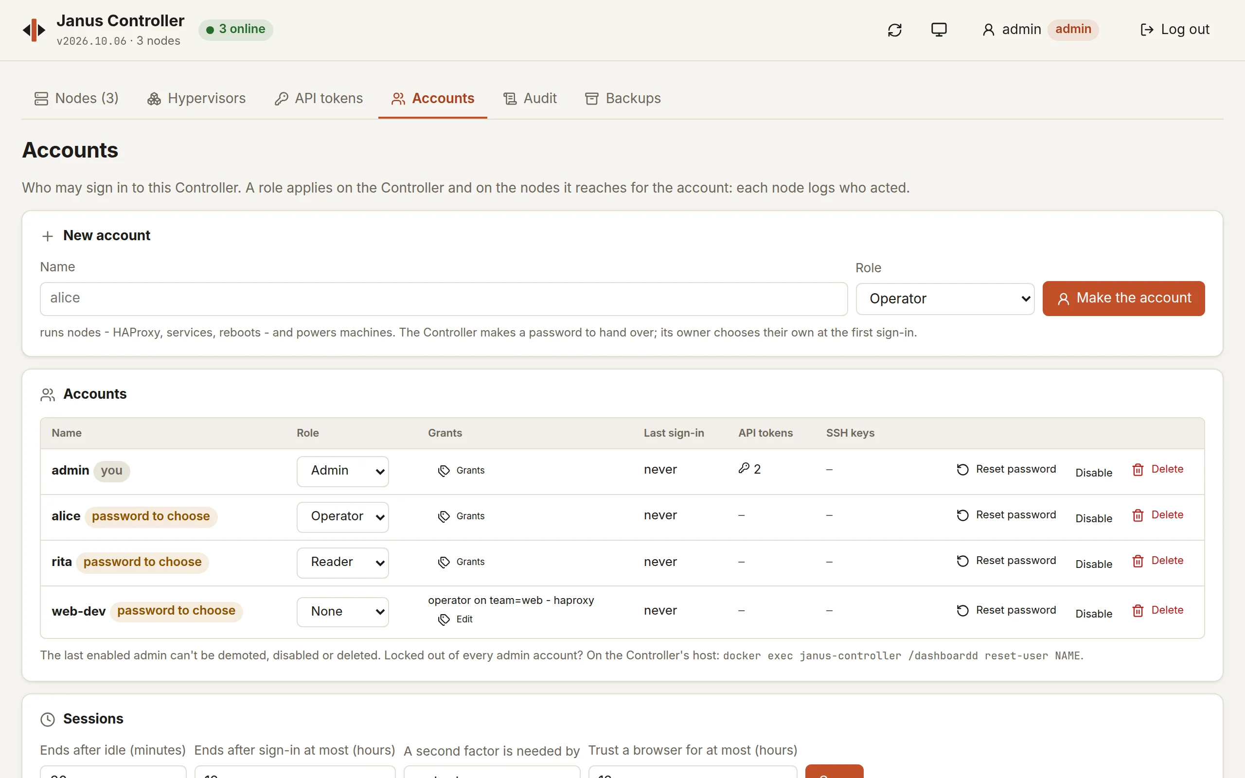 The Accounts tab: a new account's name and role, then each account's role, grants - web-dev is an operator on the nodes labelled team=web, for HAProxy only - last sign-in, tokens and SSH keys