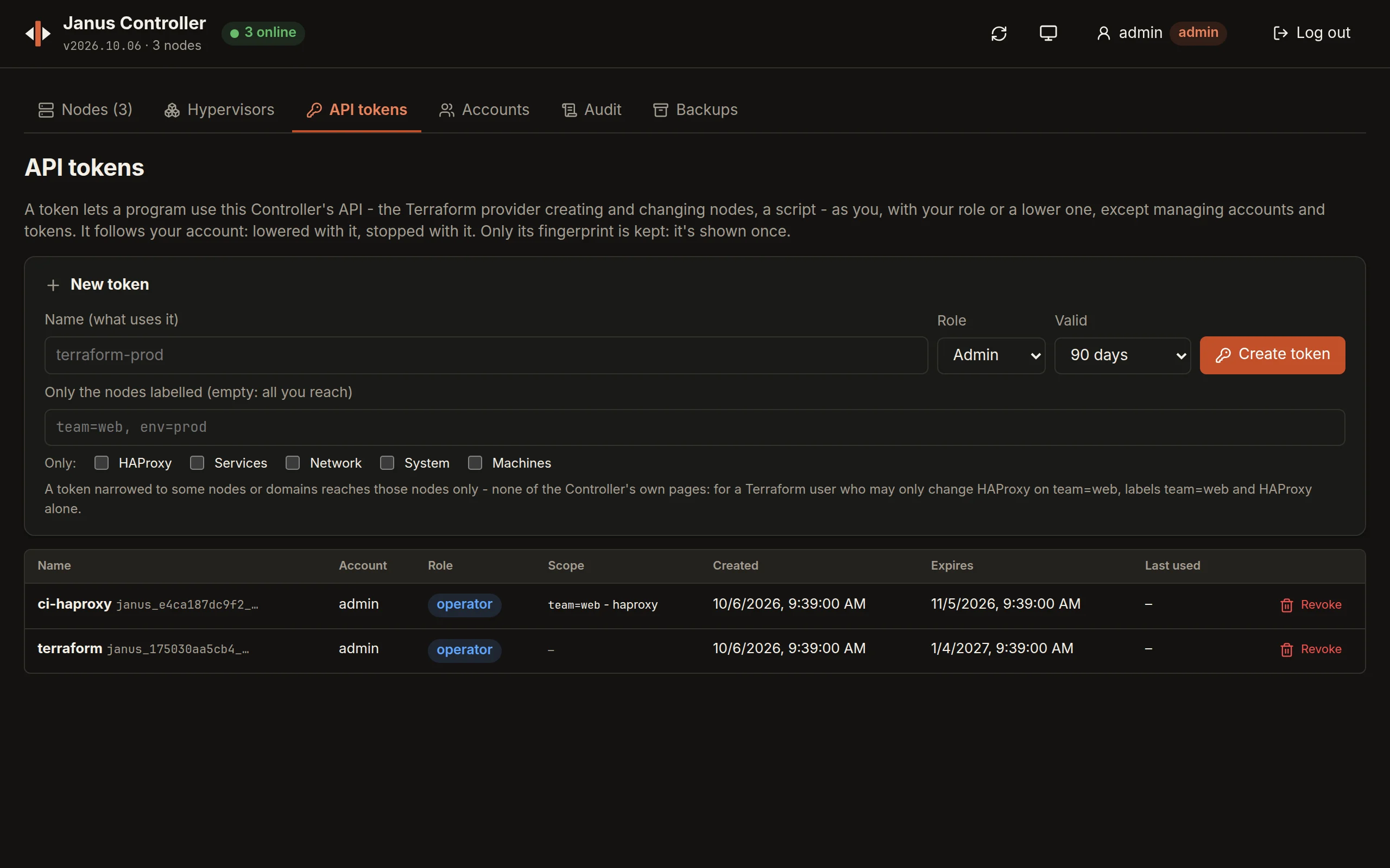 The API tokens tab: a new token's name, role, validity and scope, then two tokens - ci-haproxy, an operator narrowed to team=web and HAProxy, and terraform