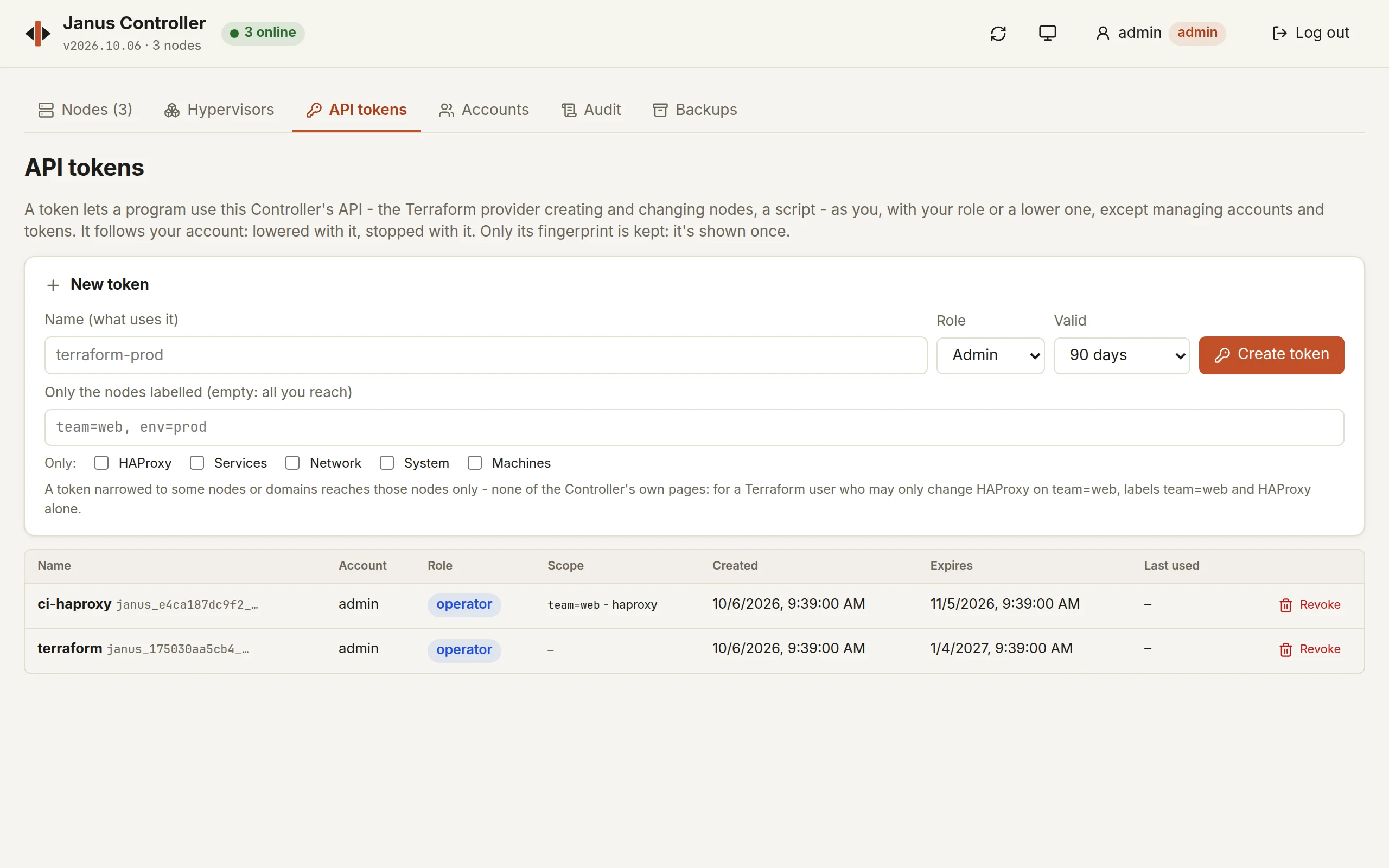 The API tokens tab: a new token's name, role, validity and scope, then two tokens - ci-haproxy, an operator narrowed to team=web and HAProxy, and terraform