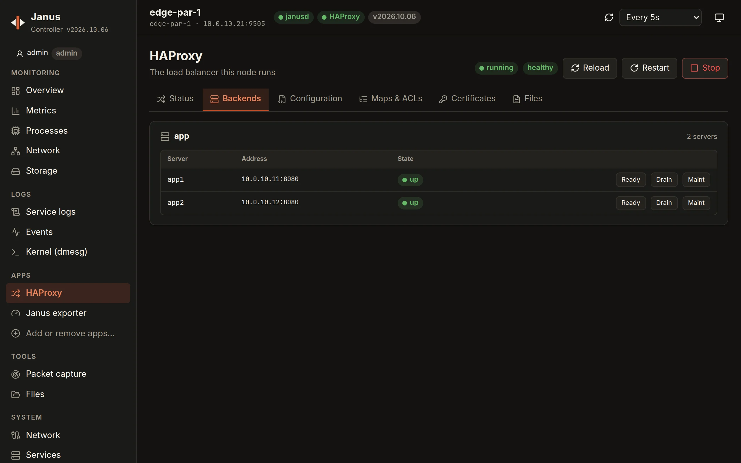 The Backends tab: the app backend's two servers, app1 and app2, up, each with Ready, Drain and Maint