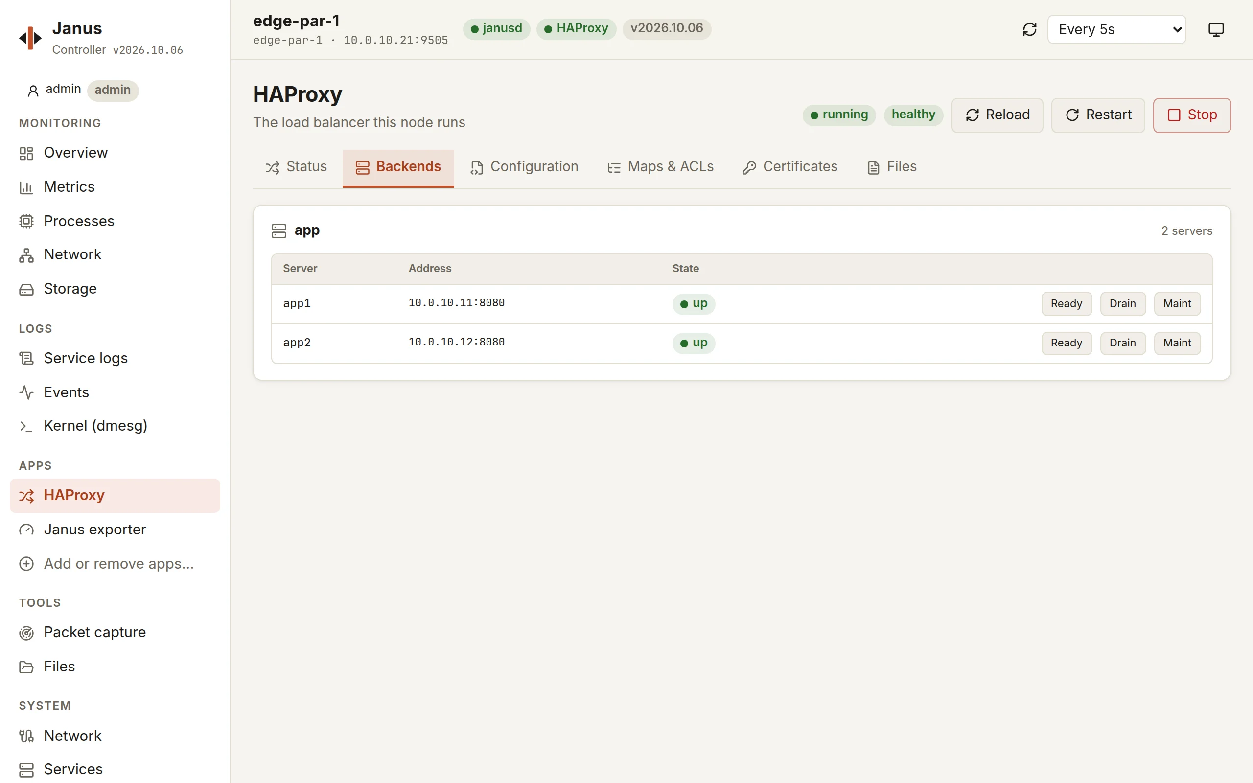 The Backends tab: the app backend's two servers, app1 and app2, up, each with Ready, Drain and Maint