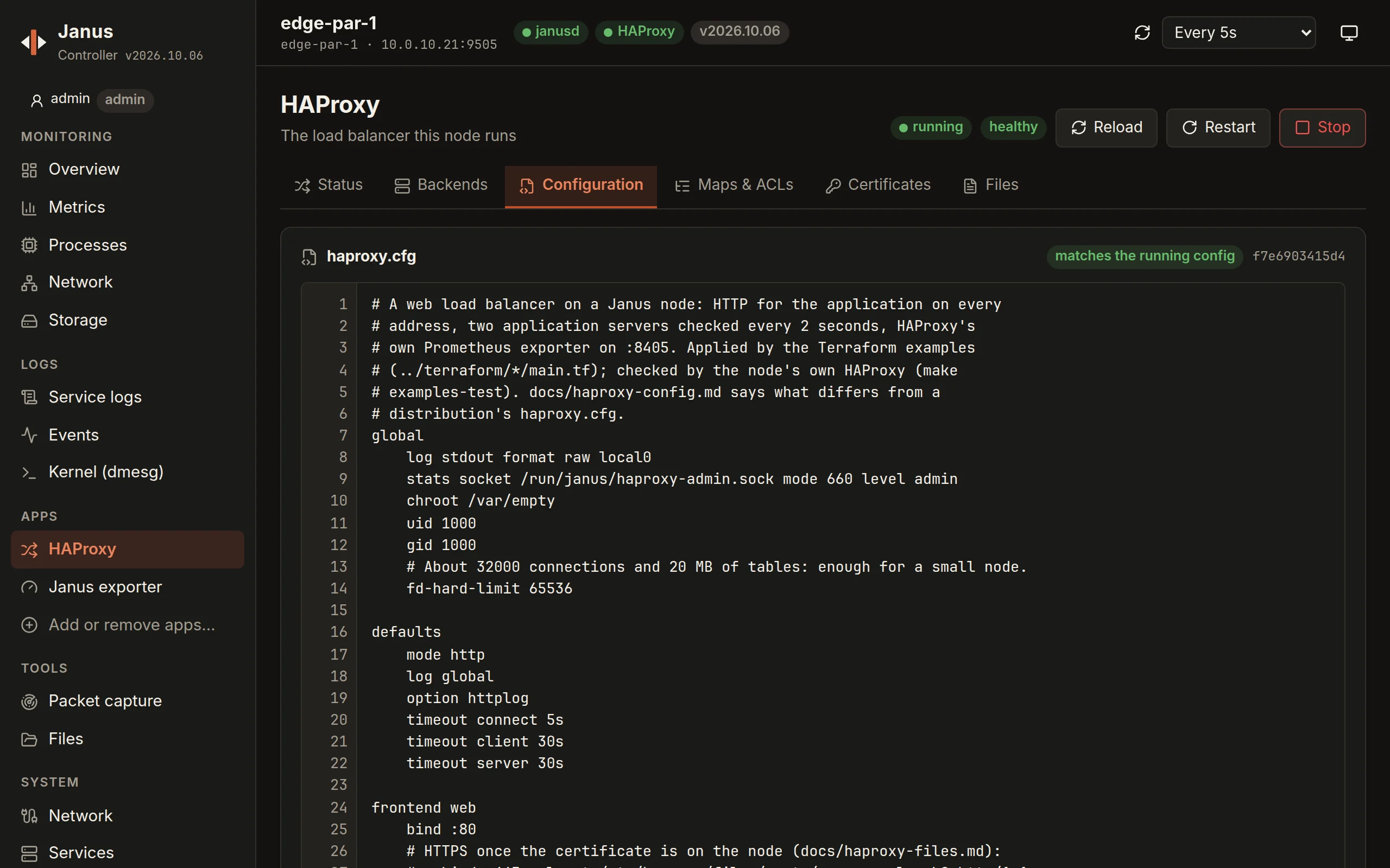 HAProxy's configuration on a node's page: the editor with the running haproxy.cfg - here examples/haproxy/web.cfg - marked as matching the running configuration, and HAProxy's state with Reload, Restart and Stop
