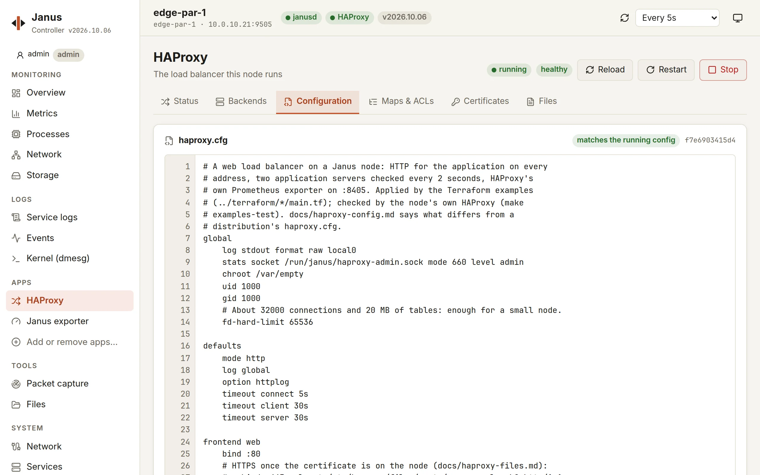 HAProxy's configuration on a node's page: the editor with the running haproxy.cfg - here examples/haproxy/web.cfg - marked as matching the running configuration, and HAProxy's state with Reload, Restart and Stop