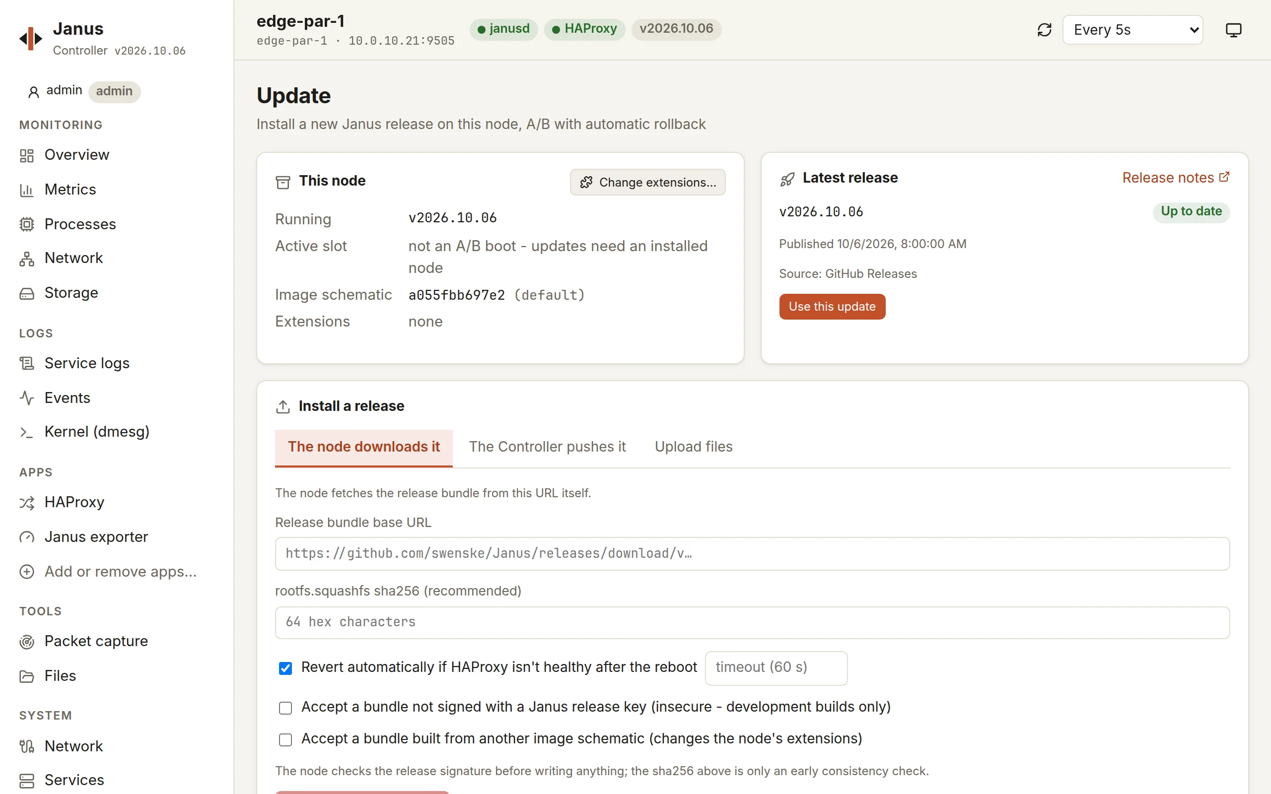 A node's Update page: the release it runs, its slot, schematic and extensions; the latest release; and the three ways to install one, with the automatic revert